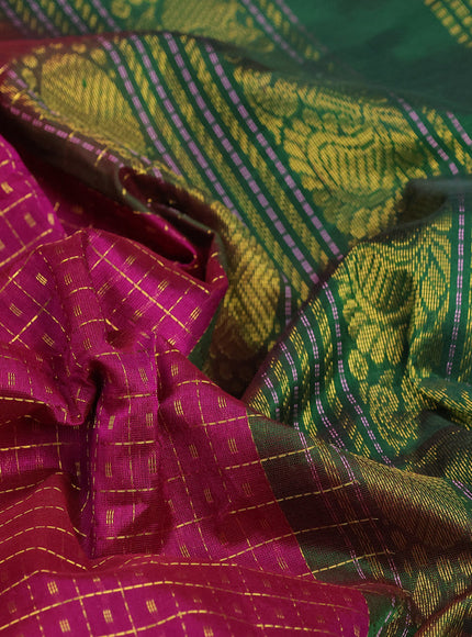 Silk cotton saree dark magenta and green with allover zari checks & buttas and annam & rudhraksha zari woven border