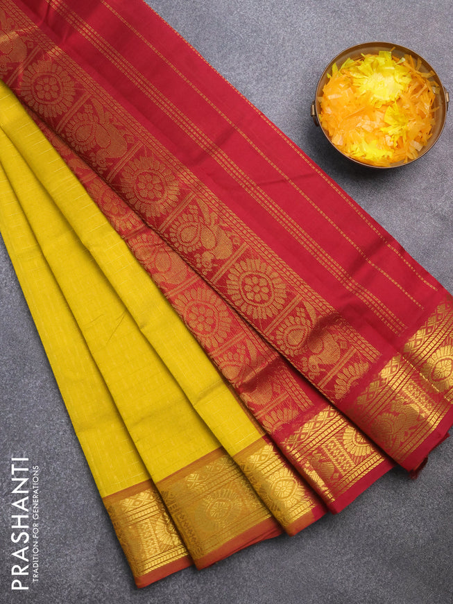 Silk cotton saree mustard yellow and maroon with allover zari checks & buttas and annam & rudhraksha zari woven border