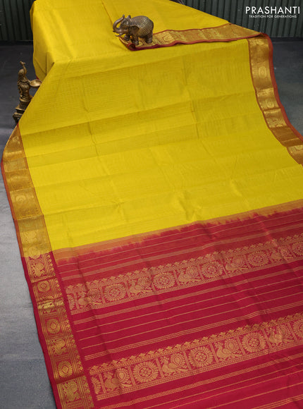 Silk cotton saree mustard yellow and maroon with allover zari checks & buttas and annam & rudhraksha zari woven border