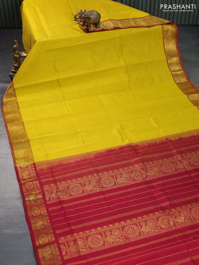 Silk cotton saree mustard yellow and maroon with allover zari checks & buttas and annam & rudhraksha zari woven border