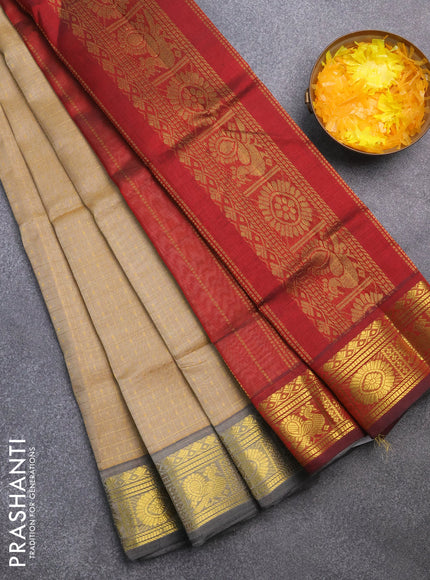 Silk cotton saree beige and maroon with allover zari checks & buttas and annam & rudhraksha zari woven border