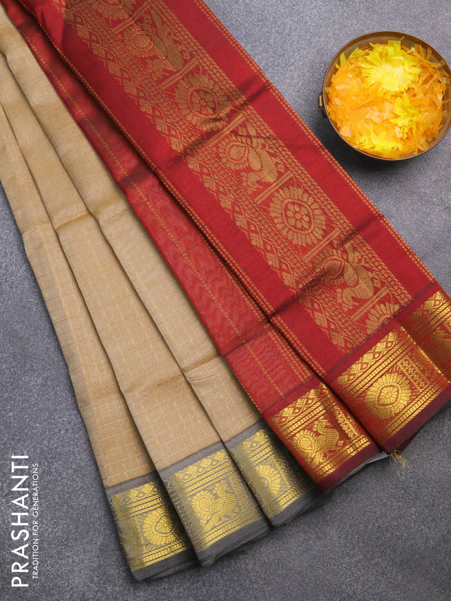 Silk cotton saree beige and maroon with allover zari checks & buttas and annam & rudhraksha zari woven border