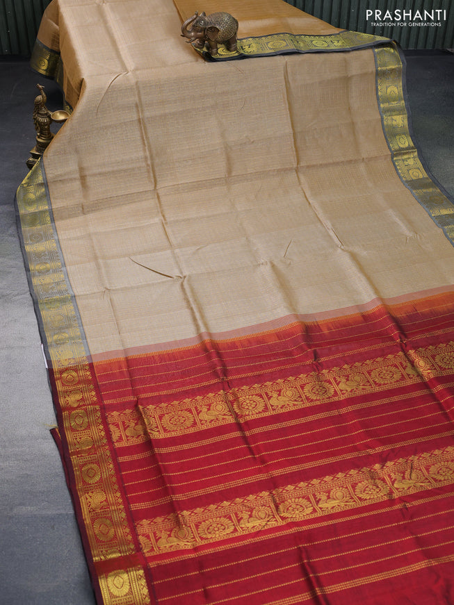 Silk cotton saree beige and maroon with allover zari checks & buttas and annam & rudhraksha zari woven border