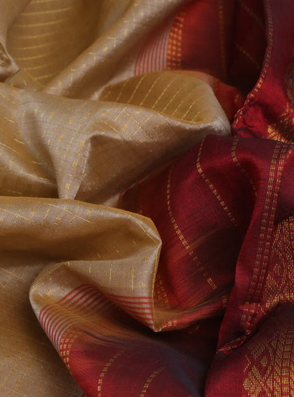 Silk cotton saree beige and maroon with allover zari checks & buttas and annam & rudhraksha zari woven border