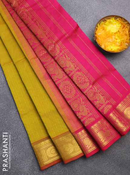 Silk cotton saree mustard yellow and pink with allover zari checks & buttas and annam & rudhraksha zari woven border