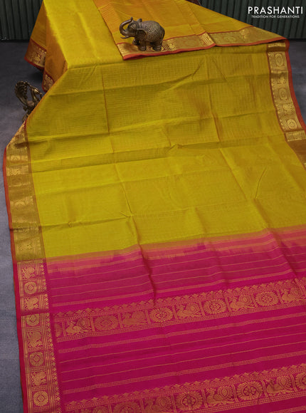 Silk cotton saree mustard yellow and pink with allover zari checks & buttas and annam & rudhraksha zari woven border