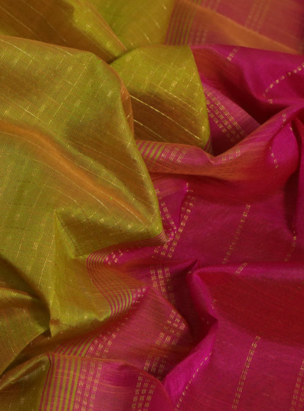 Silk cotton saree mustard yellow and pink with allover zari checks & buttas and annam & rudhraksha zari woven border