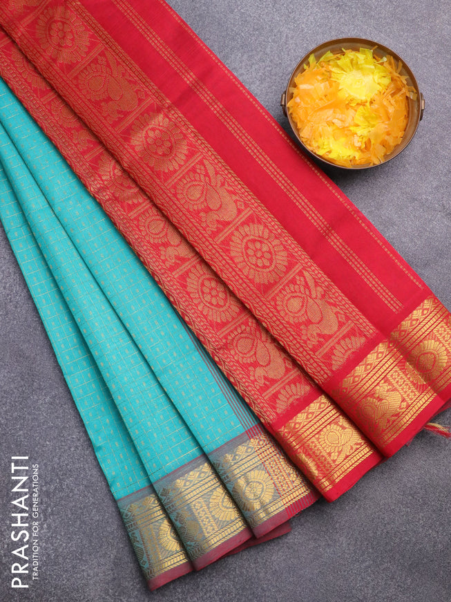 Silk cotton saree teal blue and red with allover zari checks & buttas and annam & rudhraksha zari woven border