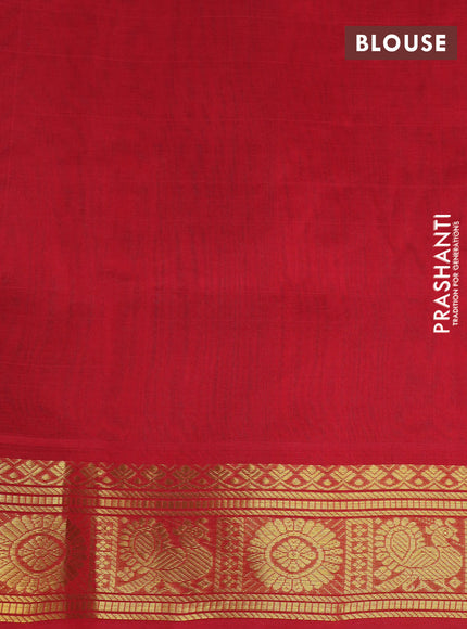 Silk cotton saree teal blue and red with allover zari checks & buttas and annam & rudhraksha zari woven border