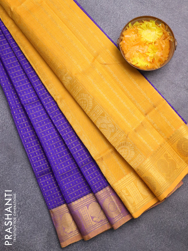 Silk cotton saree blue and mango yellow with allover zari checks & buttas and annam & rudhraksha zari woven border