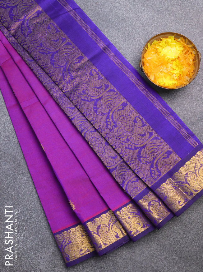 Silk cotton saree purple and blue with annam zari woven buttas and elephant zari woven border