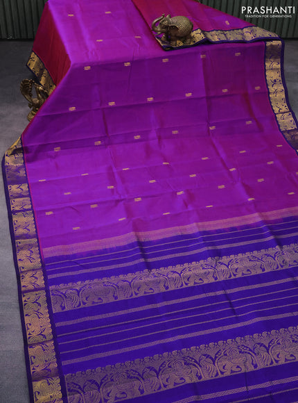 Silk cotton saree purple and blue with annam zari woven buttas and elephant zari woven border