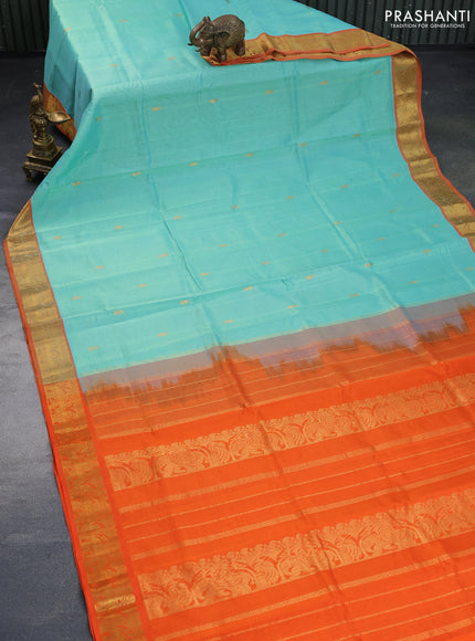 Silk cotton saree teal green shade and orange with annam zari woven buttas and elephant zari woven border