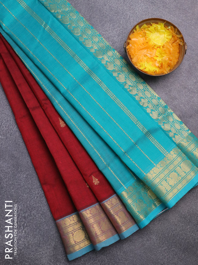 Silk cotton saree maroon and teal blue with zari woven buttas and rich zari woven border