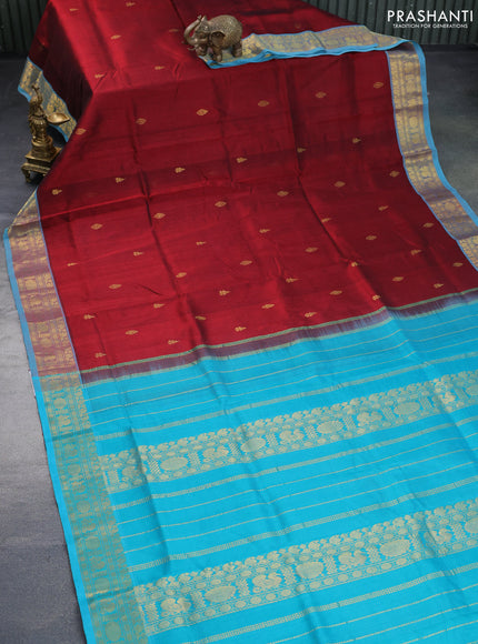 Silk cotton saree maroon and teal blue with zari woven buttas and rich zari woven border