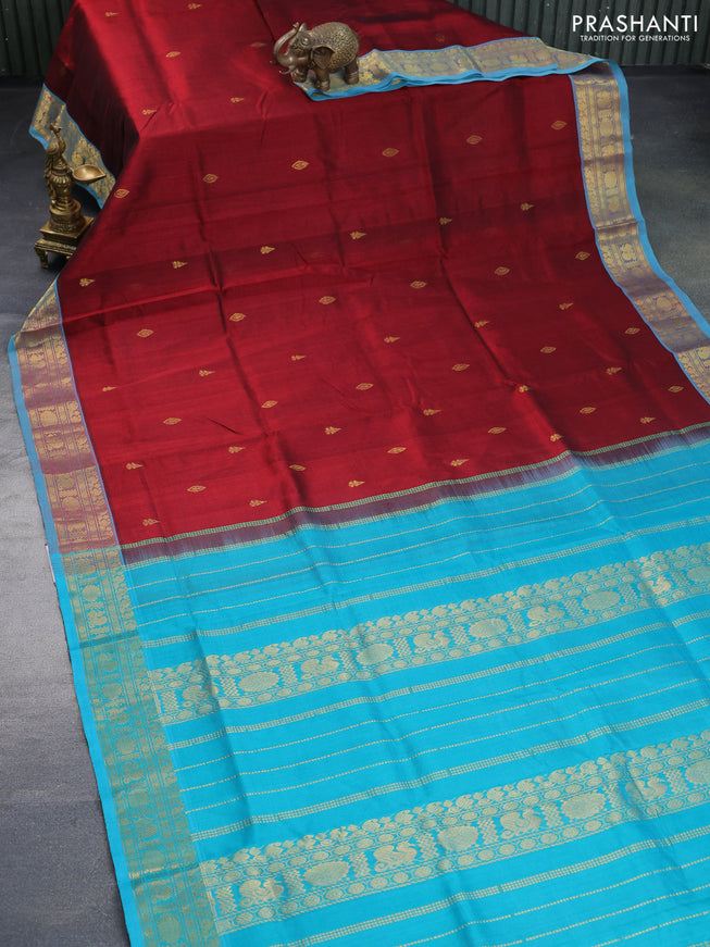 Silk cotton saree maroon and teal blue with zari woven buttas and rich zari woven border