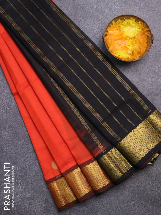 Silk cotton saree orange and black with paisley & rudhraksha zari woven buttas and zari woven border