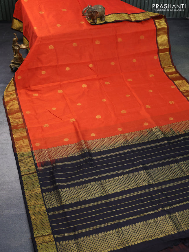 Silk cotton saree orange and black with paisley & rudhraksha zari woven buttas and zari woven border