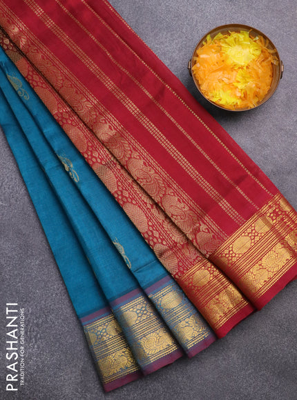 Silk cotton saree peacock green and maroon with zari woven buttas and rudhraksha & annam zari woven border