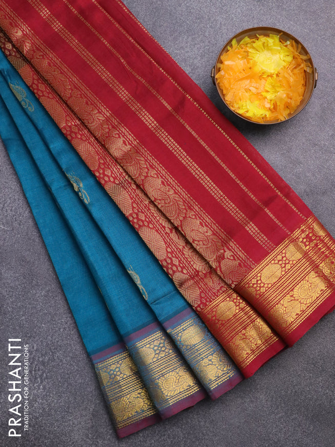 Silk cotton saree peacock green and maroon with zari woven buttas and rudhraksha & annam zari woven border