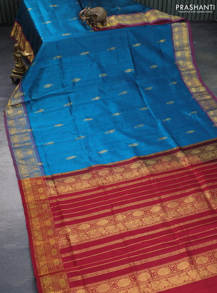 Silk cotton saree peacock green and maroon with zari woven buttas and rudhraksha & annam zari woven border