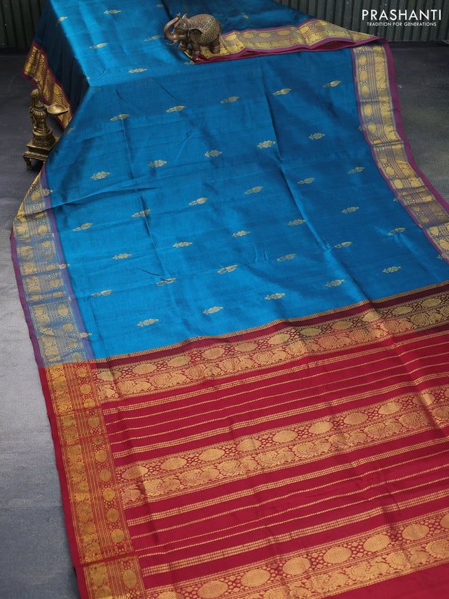 Silk cotton saree peacock green and maroon with zari woven buttas and rudhraksha & annam zari woven border