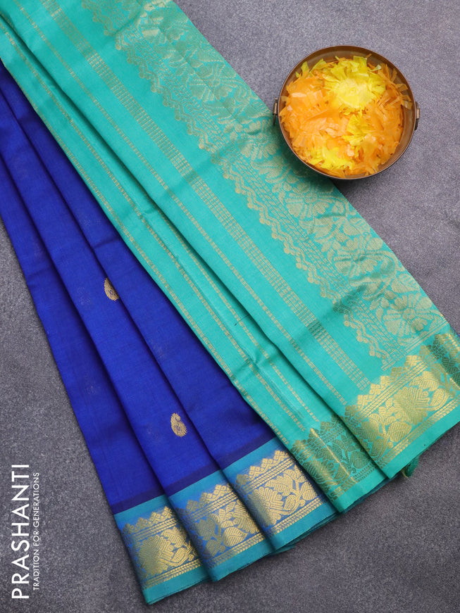 Silk cotton saree nblue and teal green with zari woven buttas and rich zari woven border