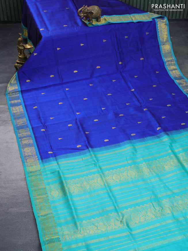 Silk cotton saree nblue and teal green with zari woven buttas and rich zari woven border