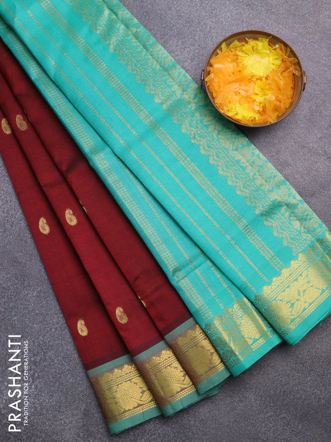 Silk cotton saree maroon and teal green with zari woven buttas and rich zari woven border