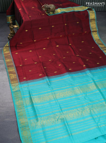 Silk cotton saree maroon and teal green with zari woven buttas and rich zari woven border