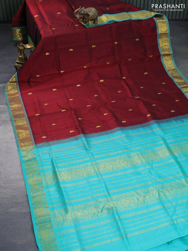 Silk cotton saree maroon and teal green with zari woven buttas and rich zari woven border