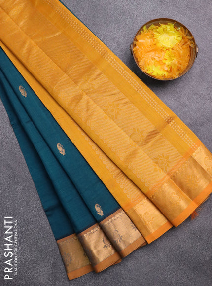 Silk cotton saree peacock green and mango yellow with paisley zari woven buttas and rich zari woven border