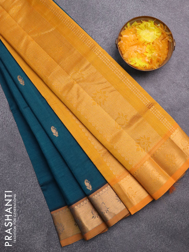 Silk cotton saree peacock green and mango yellow with paisley zari woven buttas and rich zari woven border