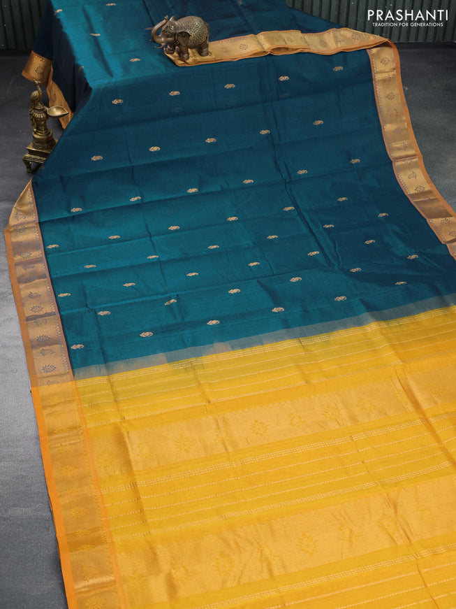 Silk cotton saree peacock green and mango yellow with paisley zari woven buttas and rich zari woven border