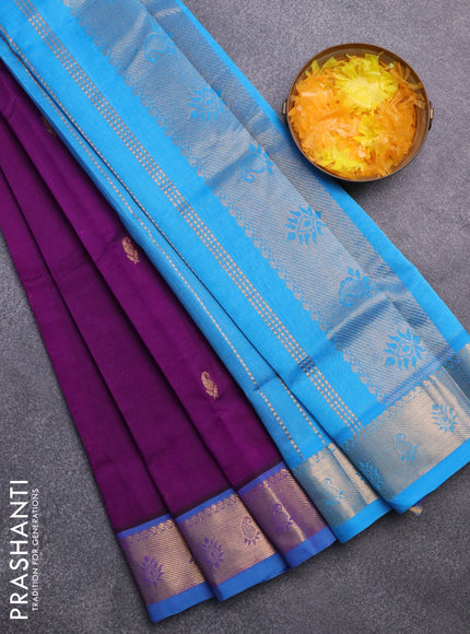 Silk cotton saree purple and cs blue with paisley zari woven buttas and rich zari woven border