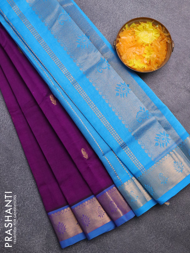 Silk cotton saree purple and cs blue with paisley zari woven buttas and rich zari woven border