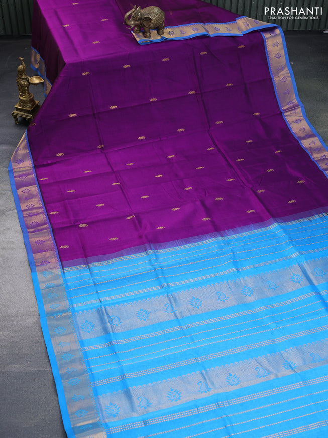 Silk cotton saree purple and cs blue with paisley zari woven buttas and rich zari woven border