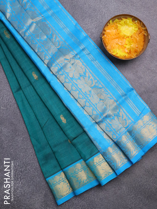 Silk cotton saree peacock green and cs blue with rudhraksha & paisley zari woven buttas and rich zari woven border