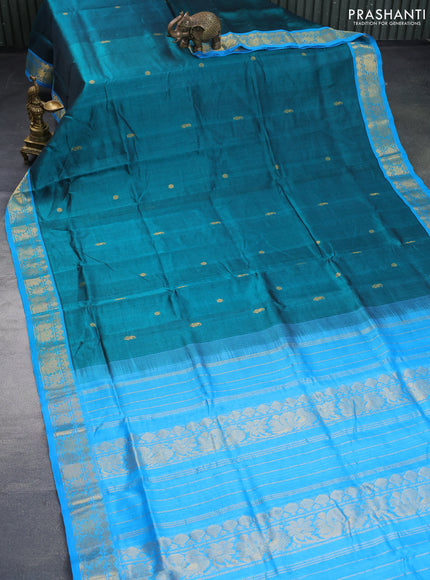 Silk cotton saree peacock green and cs blue with rudhraksha & paisley zari woven buttas and rich zari woven border