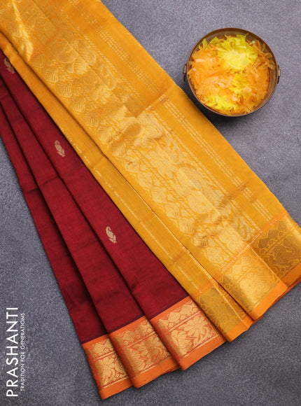 Silk cotton saree maroon and mango yellow with rudhraksha & paisley zari woven buttas and rich zari woven border