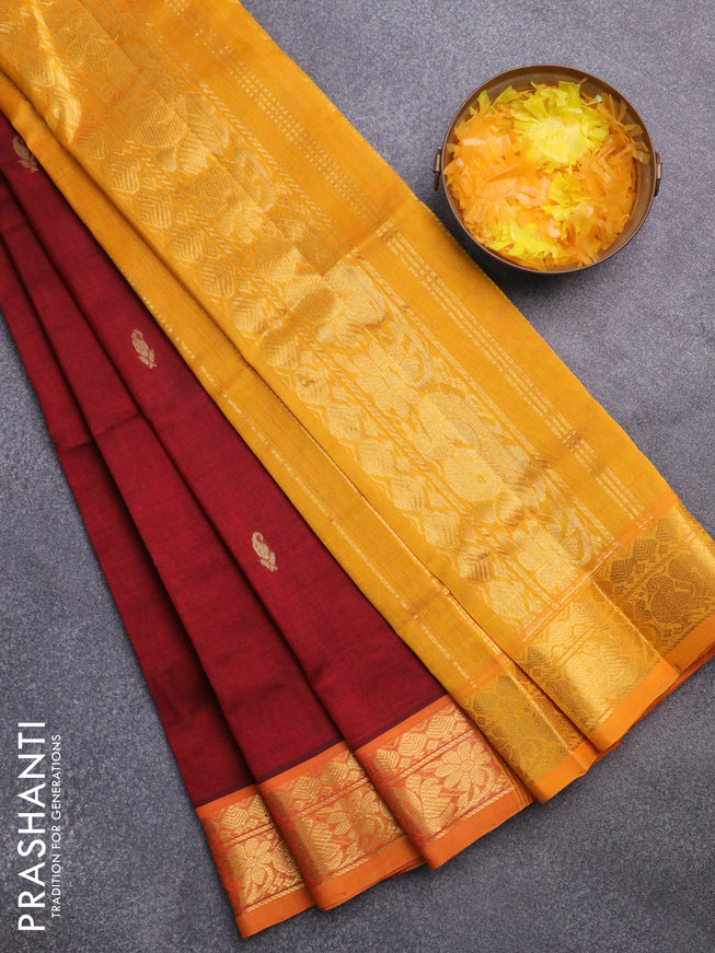 Silk cotton saree maroon and mango yellow with rudhraksha & paisley zari woven buttas and rich zari woven border