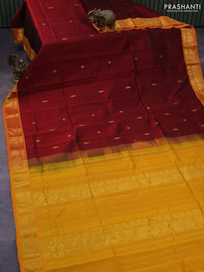 Silk cotton saree maroon and mango yellow with rudhraksha & paisley zari woven buttas and rich zari woven border