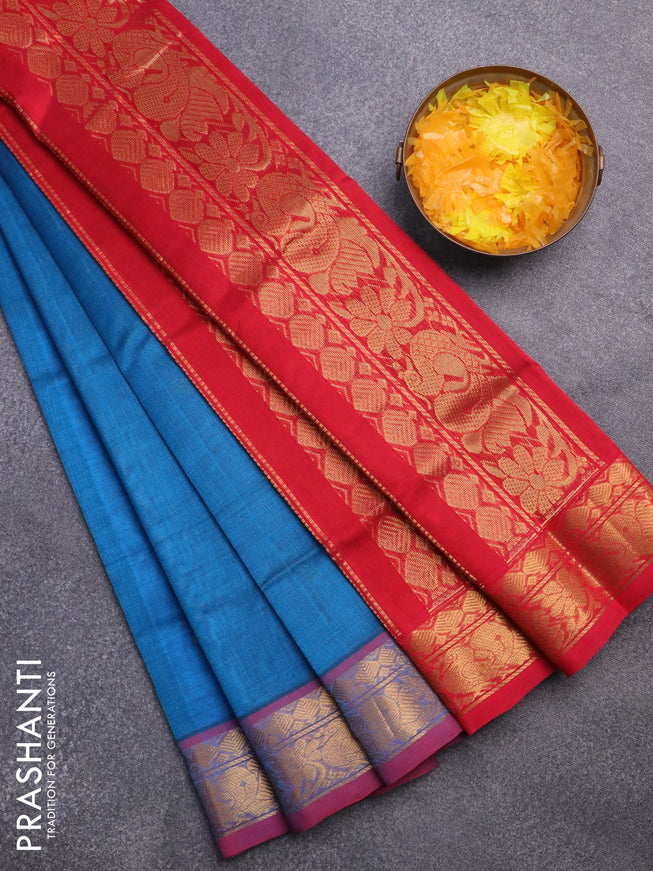 Silk cotton saree peacock blue and red with rudhraksha & paisley zari woven buttas and rich zari woven border