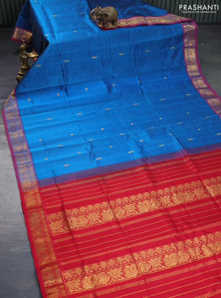 Silk cotton saree peacock blue and red with rudhraksha & paisley zari woven buttas and rich zari woven border