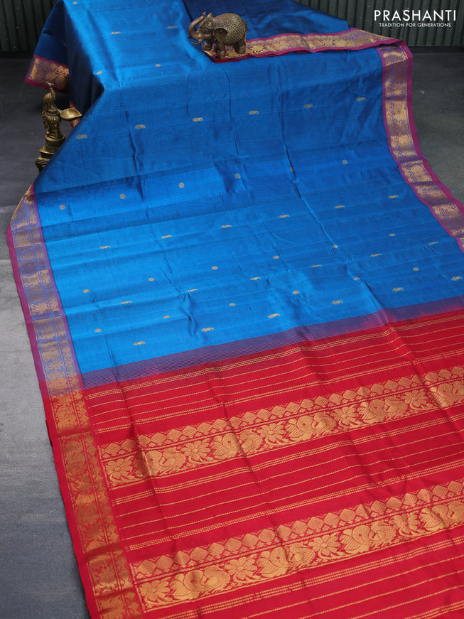 Silk cotton saree peacock blue and red with rudhraksha & paisley zari woven buttas and rich zari woven border