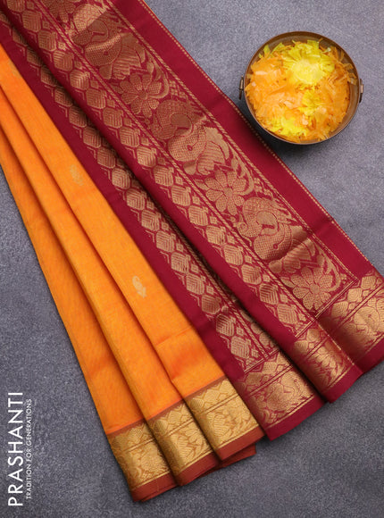 Silk cotton saree mango yellow and maroon with rudhraksha & paisley zari woven buttas and rich zari woven border