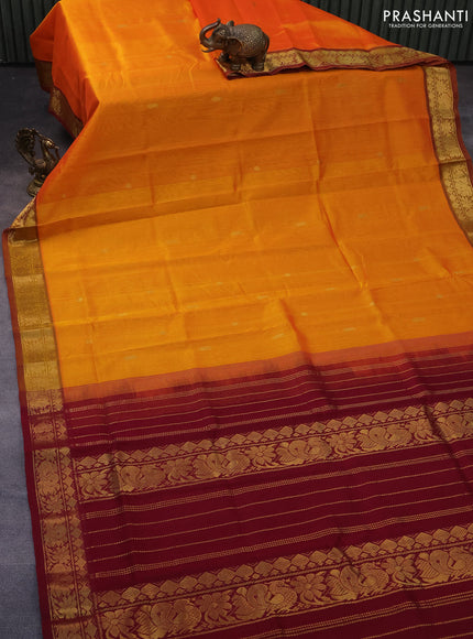 Silk cotton saree mango yellow and maroon with rudhraksha & paisley zari woven buttas and rich zari woven border