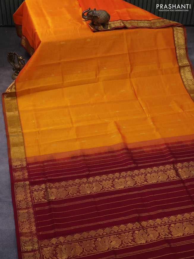 Silk cotton saree mango yellow and maroon with rudhraksha & paisley zari woven buttas and rich zari woven border