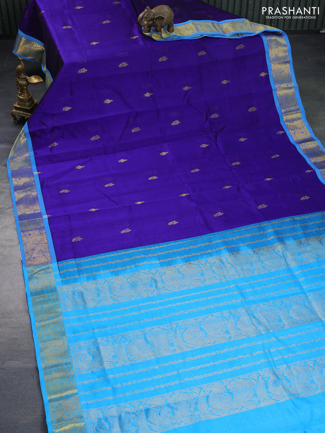 Silk cotton saree blue and cs blue with zari woven buttas and annam zari woven border