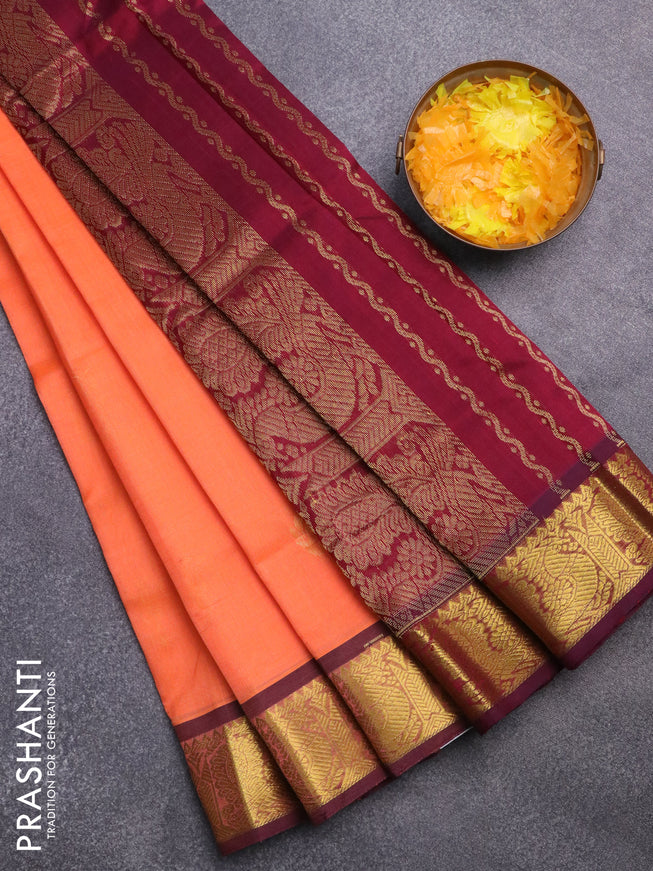 Silk cotton saree orange and wine shade with zari woven buttas and annam zari woven border